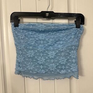 Blue lace tube top with ruffle hem. S
